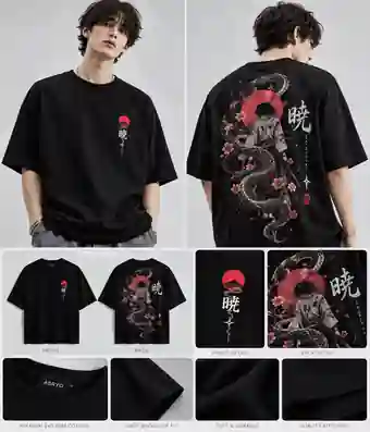 Black oversized ASRYO T-shirt concept shown on models from front and back, with red sun and coiling serpent artwork